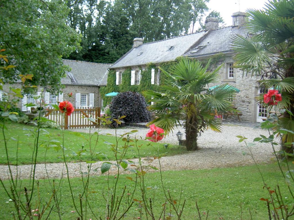 an old stone house with a palm tree in front of it at Le Relais de Porz Morvan in Plomodiern
