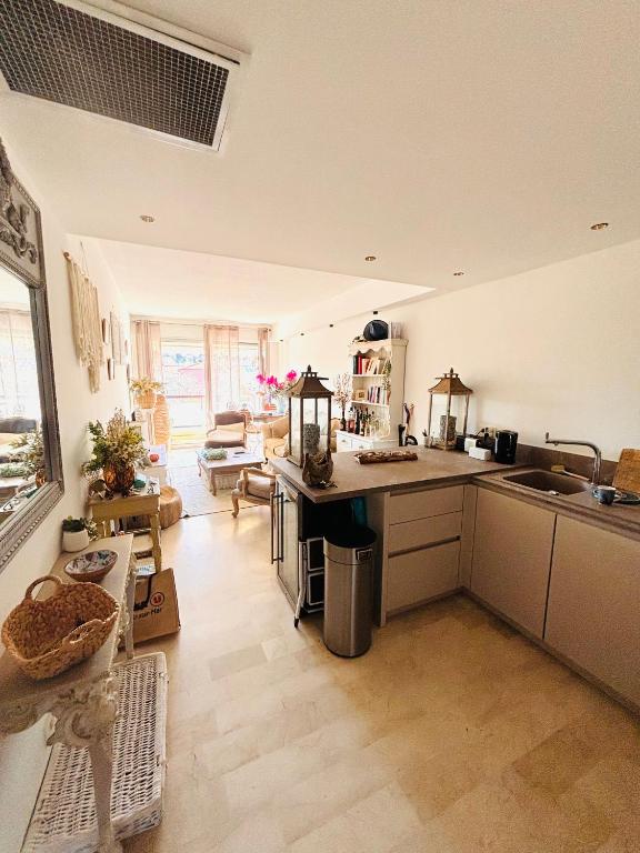 une cuisine avec un évier et un plan de travail dans l'établissement Les Floralies - Beaulieu-sur-Mer, à Beaulieu-sur-Mer