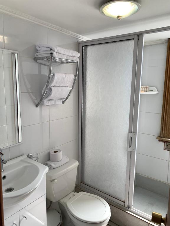 a white bathroom with a toilet and a sink at Hotel Reina Victoria Valparaíso in Valparaíso