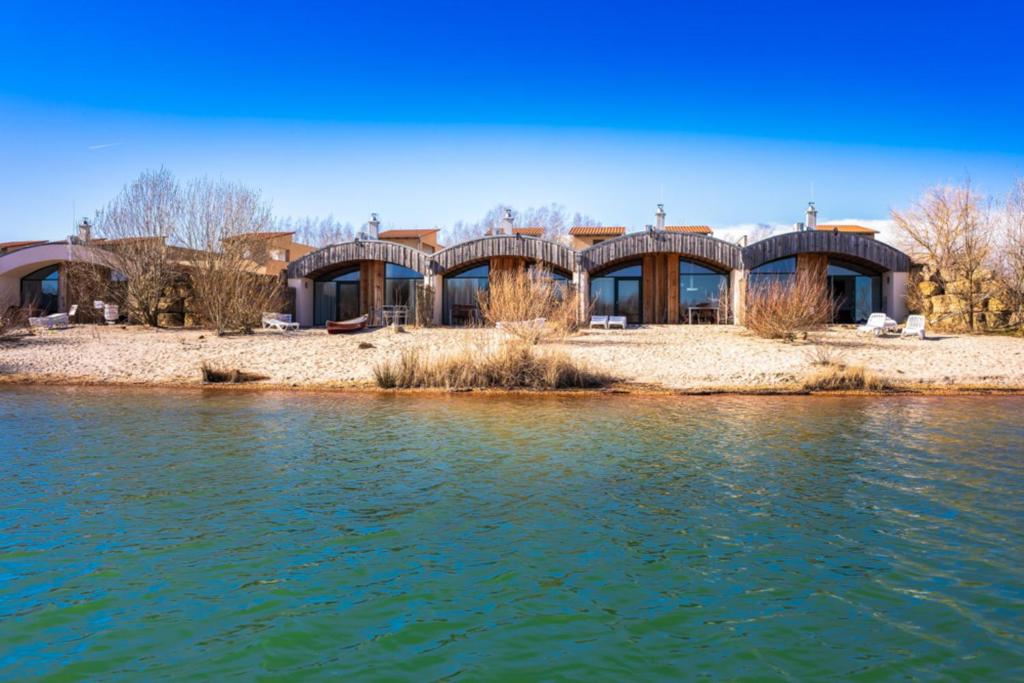 a house on the shore of a body of water at LAGOVIDA Dünenhaus Comfort f am Störmthaler See in Großpösna