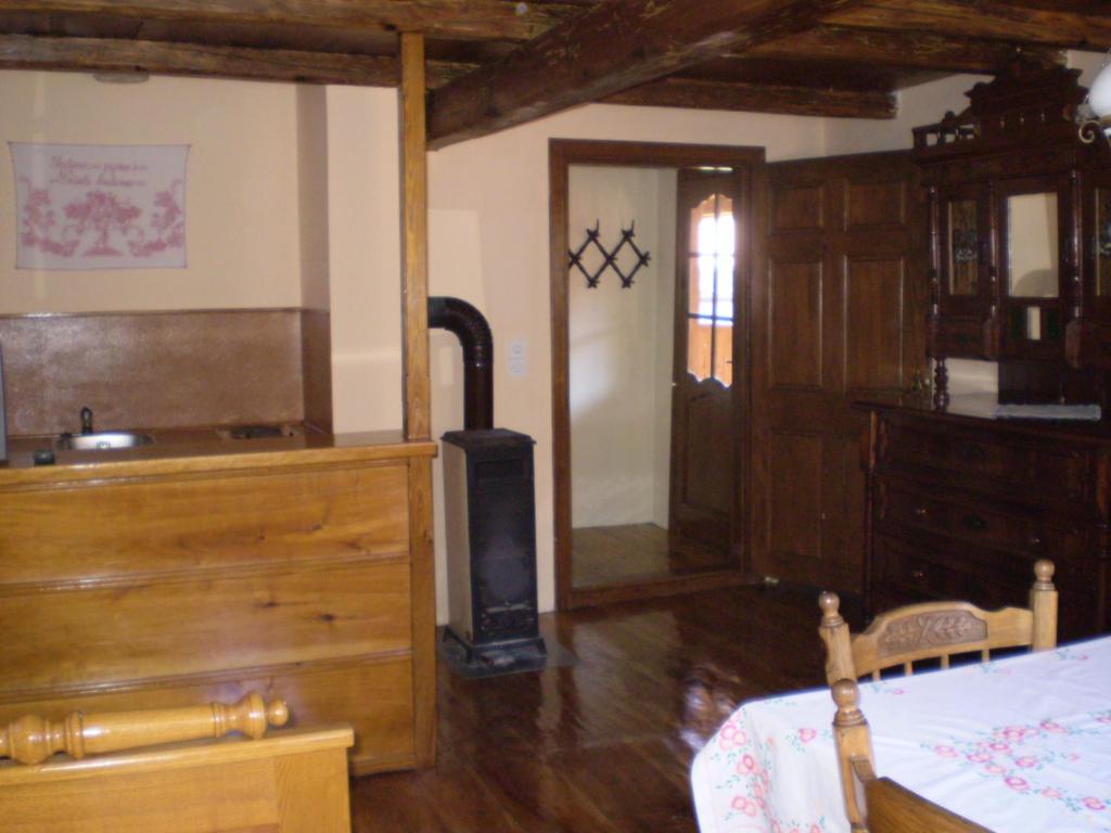 een slaapkamer met een houtkachel in een kamer bij Apartments Iža Na Trem in Čigoč