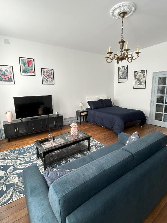 - un salon avec deux canapés bleus et une télévision dans l'établissement Appartement centre ville, à Châteauroux