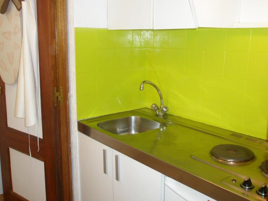 cocina con fregadero y pared de azulejos verdes en Apartamento Catedral, en Burgos