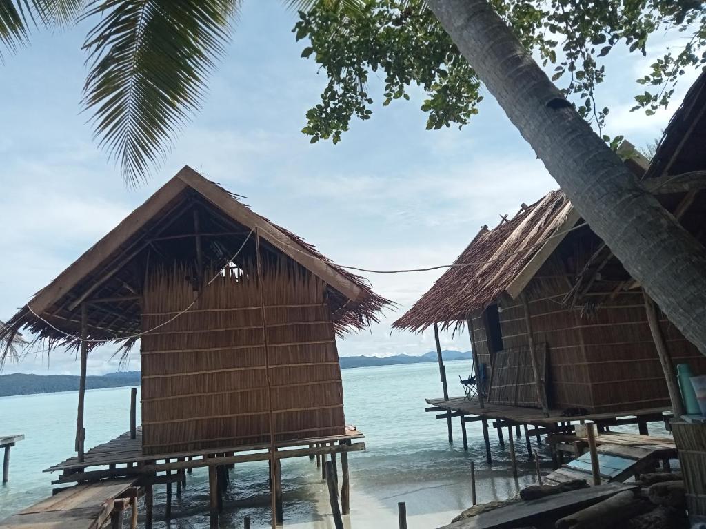 a group of huts on the water with a palm tree at Blacktive Homestay in Kri