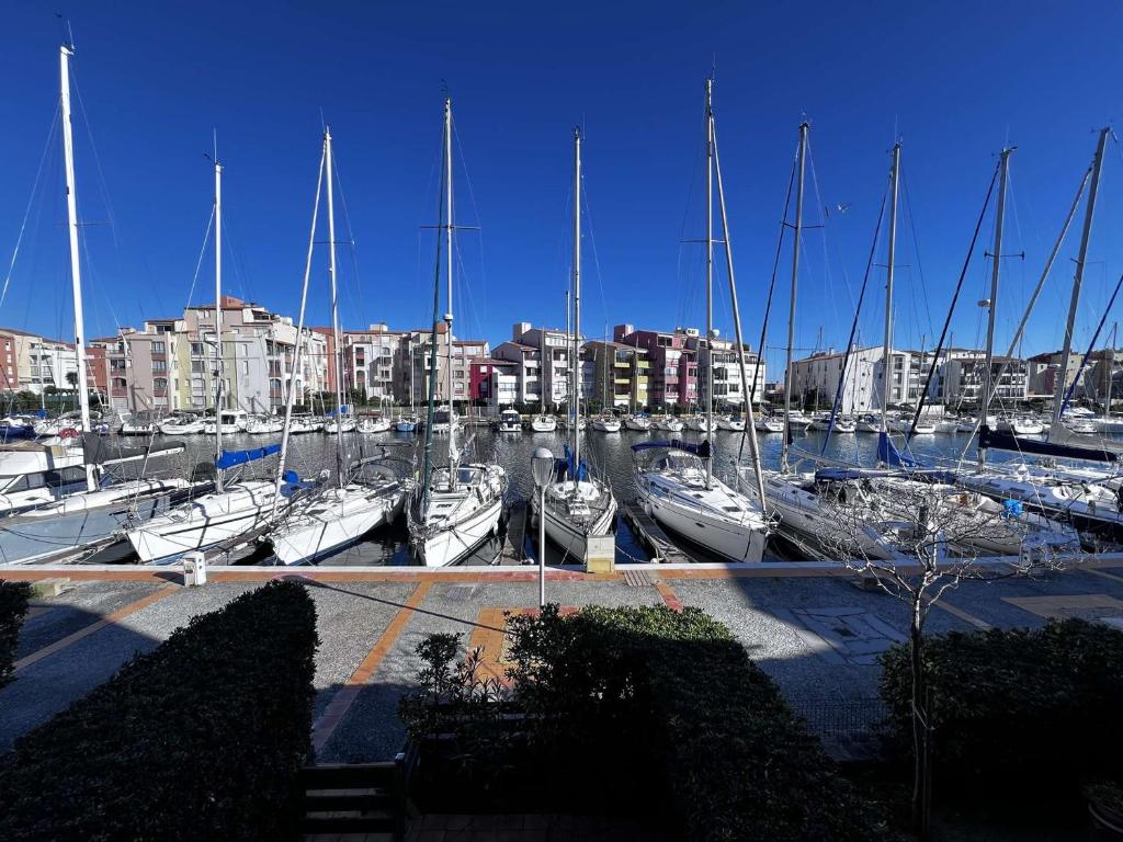 un tas de bateaux garés dans un port de plaisance avec des bâtiments dans l'établissement Studio Cabine Calme, Vue Canal, Près Commerces - FR-1-702-71, au Cap d'Agde