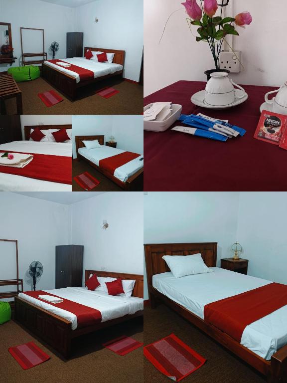a collage of four pictures of a bedroom with two beds at Hotel Highnest in Bandarawela