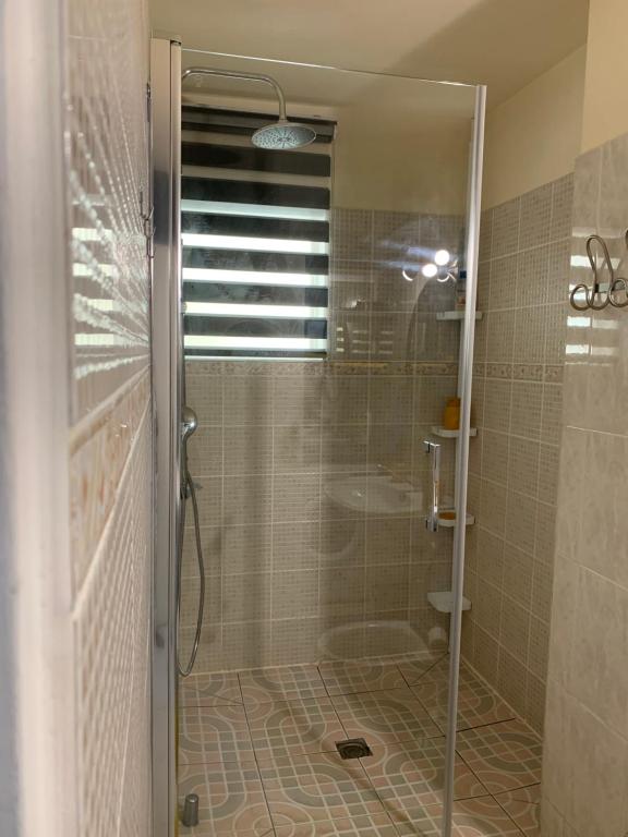 a shower with a glass door in a bathroom at Appartement 1 pièce Saint-Gilles-Les-Bains in Saint-Gilles les Bains