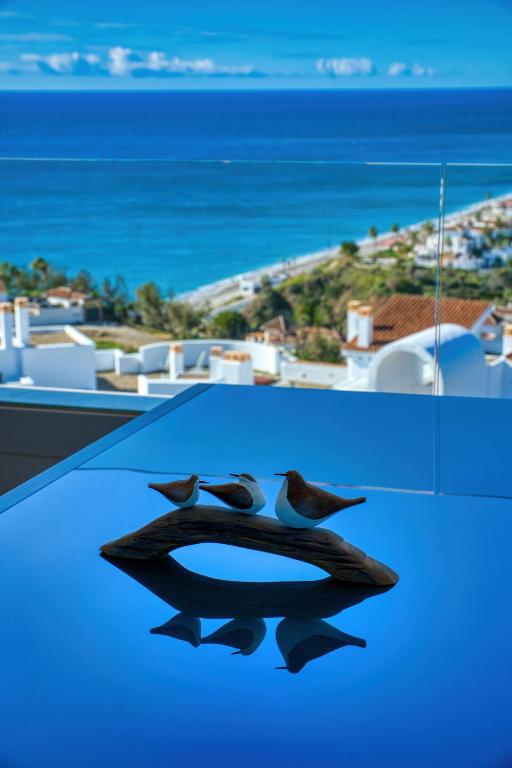 a view of the ocean from a room with a picture of two birds at New sunset views in Torrox Costa