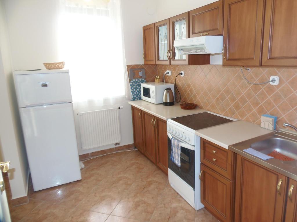 ハイドゥソボスローにあるSzabo Laszlo Apartmanのキッチン(木製キャビネット、白い冷蔵庫付)