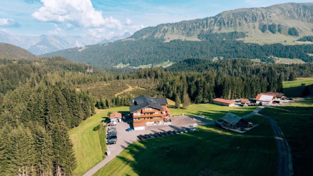 an aerial view of a house in the mountains at Alpengasthof Hörnlepass in Riezlern