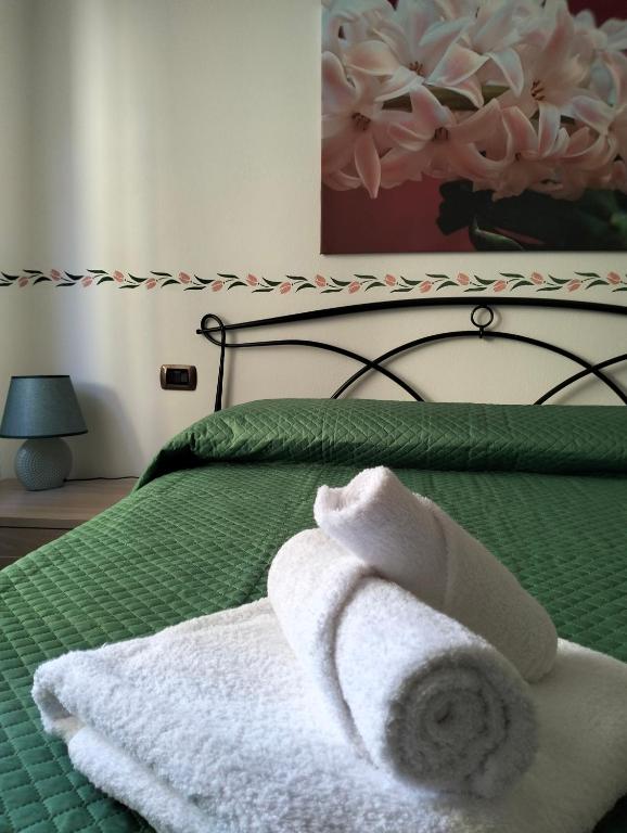 a bed with two towels on top of it at La Casa del Lago in Porlezza