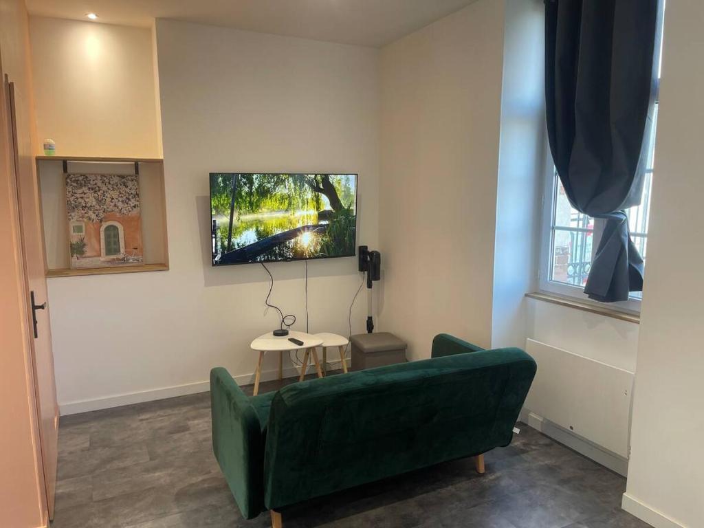 un salon avec un canapé vert et une table dans l'établissement Logement entier appartement Bourges PARKING GRATUIT, à Bourges