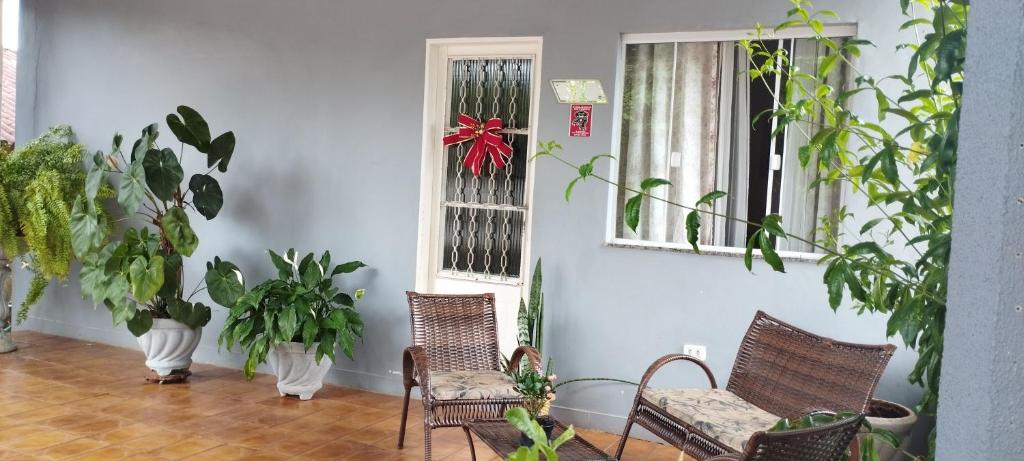 a room with chairs and potted plants and windows at Casa da Linda in Foz do Iguaçu
