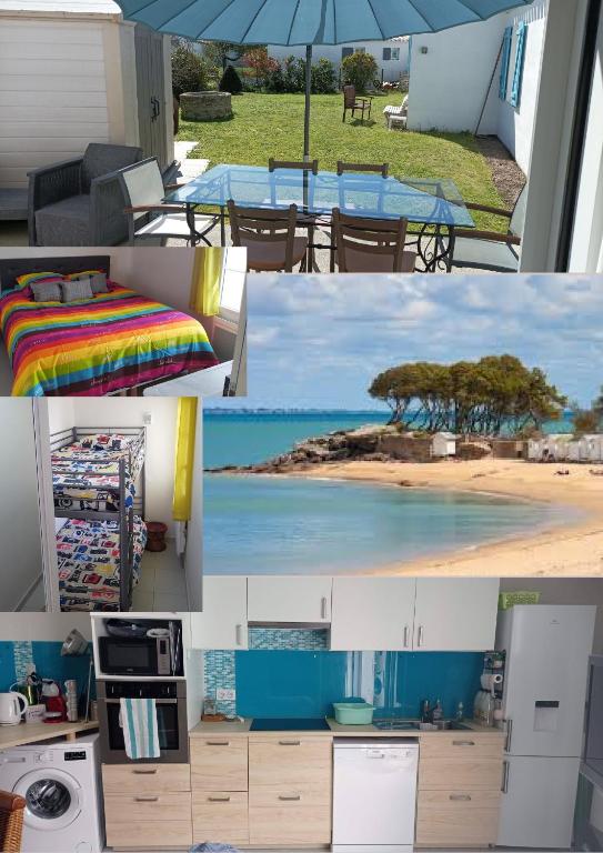 un collage de photos d'une cuisine et d'une maison dans l'établissement L'ampli sur jardin, à Noirmoutier-en-l'lle