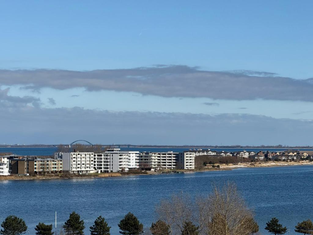 a large body of water with buildings and a city at Panoramablick Ostsee, Binnensee & Salzwiesen - Balkon - Stilvoll - Highspeed Glasfaser WLAN - Parkplatz - Ferienwohnung 'Freiheit' in Heiligenhafen