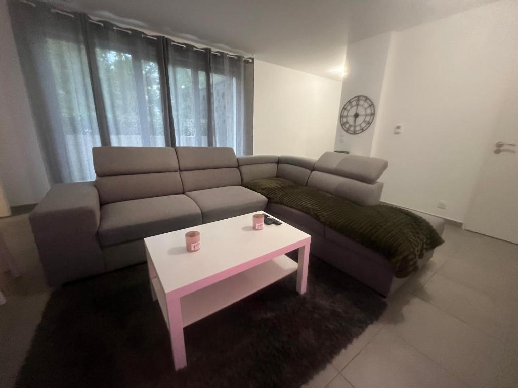 un salon avec un canapé et une table dans l'établissement Appartement Moderne au cœur de Montpellier, à Montpellier