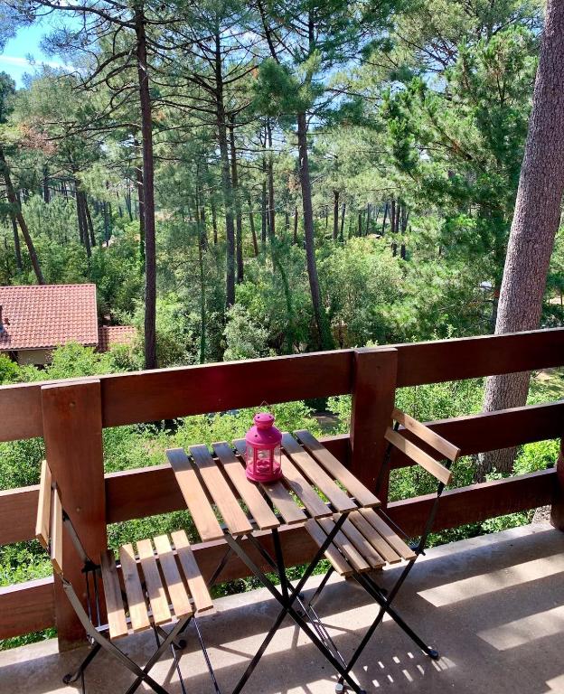 un banc en bois avec une bouche de feu assise dans l'établissement Appartement cosy au calme - Seignosse Les bourdaines, à Seignosse