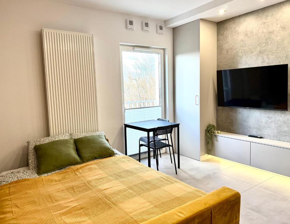 a bedroom with a bed and a table and a television at Bliska 17 Warsaw Studio in Warsaw