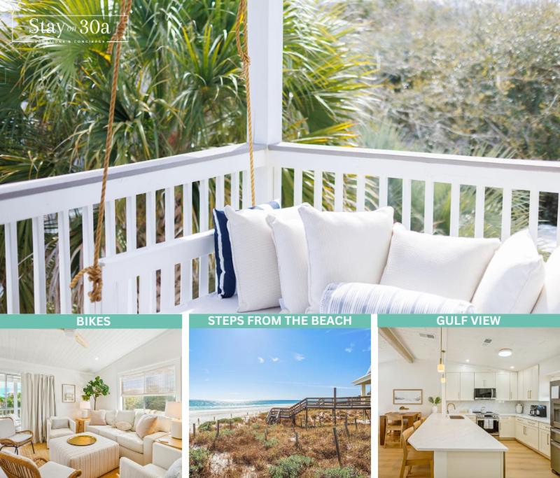 a collage of photos of a living room with pillows at Grayt Days By Stay on 30A, Gulf View, 2 Bikes in Santa Rosa Beach