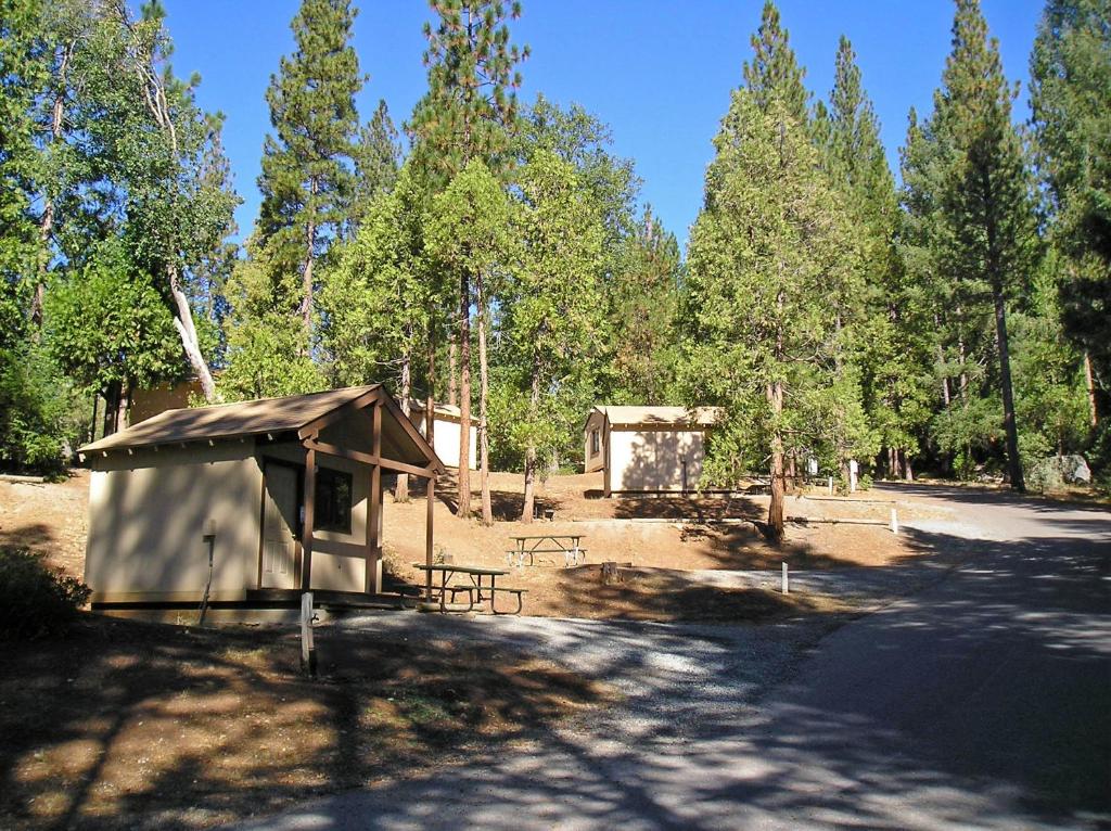um pequeno abrigo no meio de uma floresta em Yosemite Lakes Bunkhouse Cabin 27 em Harden Flat