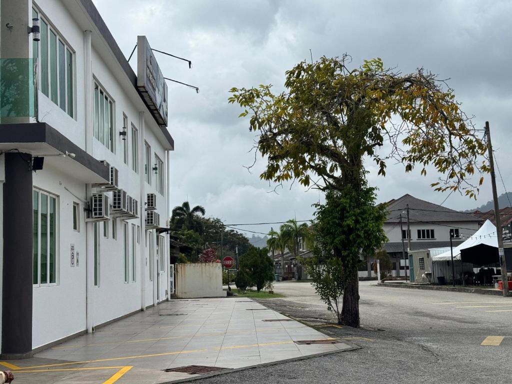 a tree on the side of a building next to a street at Tropical villa in Kuantan