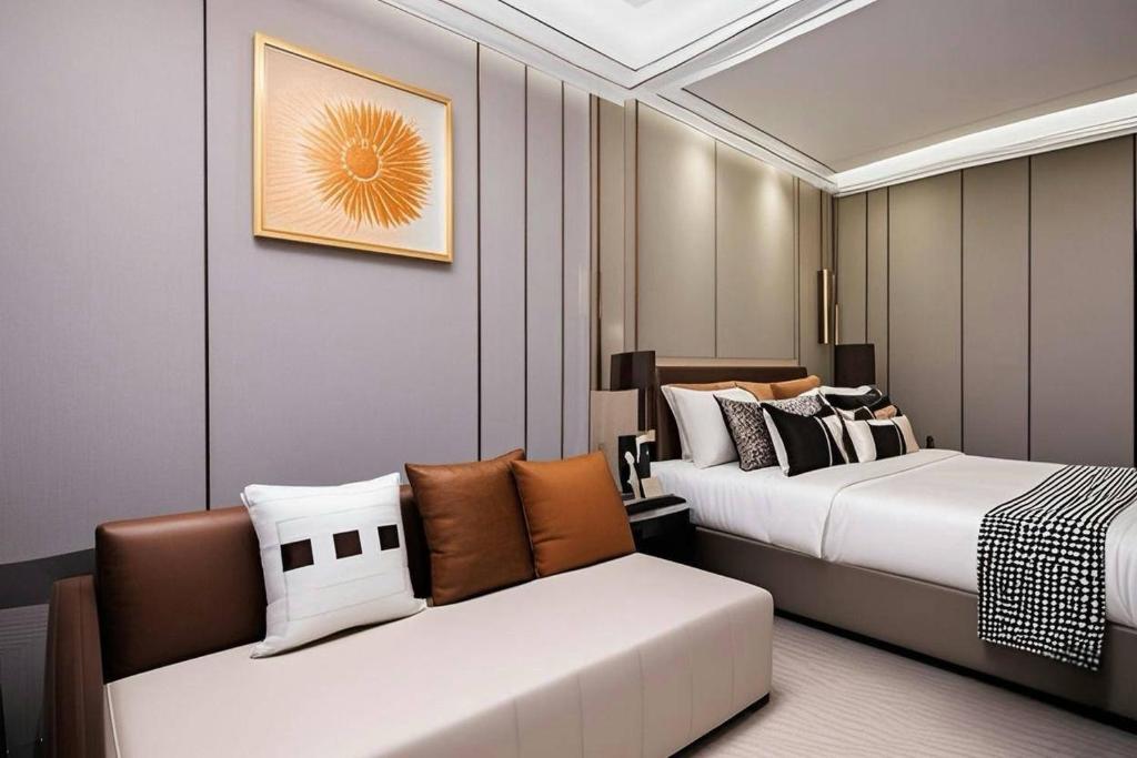 Postel nebo postele na pokoji v ubytování 和樾 City View Hotel - Guangzhou Taikoo Hui Zhujiang New Town Tianhe Sports Cente-Canton Fair