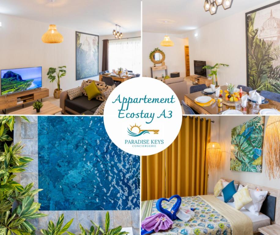 un collage de fotos de una habitación de hotel en Luxury Tropical Oasis 3 BR with Pool close to Beach, en Flic en Flac