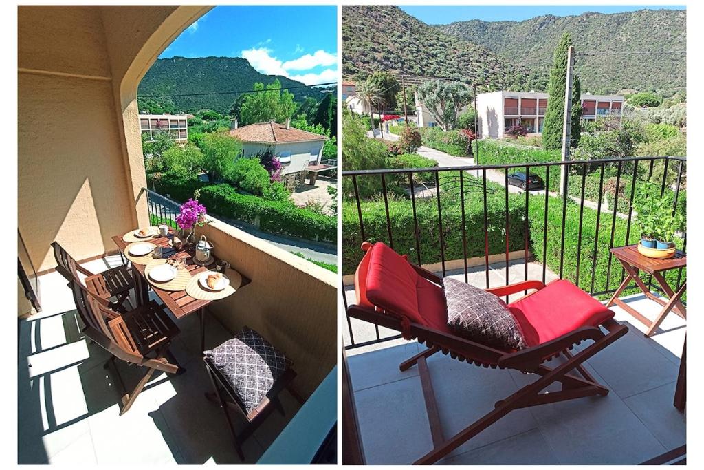 - deux photos d'un balcon avec une table et des chaises dans l'établissement Studio Saint-Clair, au Lavandou