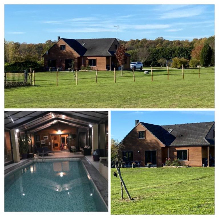 deux photos d'une maison avec piscine dans l'établissement Belle propriété 1h de paris avec piscine chauffée, à Courtenay