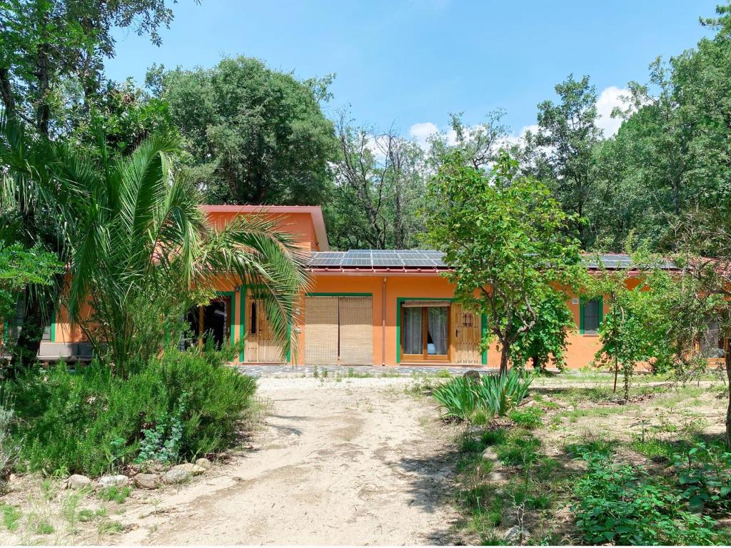 an orange house in the middle of a forest at El Cielo de la Vera in Villanueva de la Vera