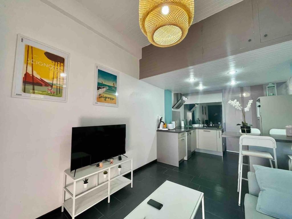 a living room with a television and a kitchen at Appartement Seignosse bord de plage in Seignosse
