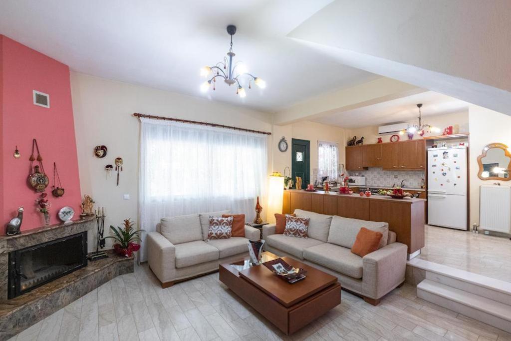 a living room with a couch and a fireplace at Monica's Country House in Nafplio