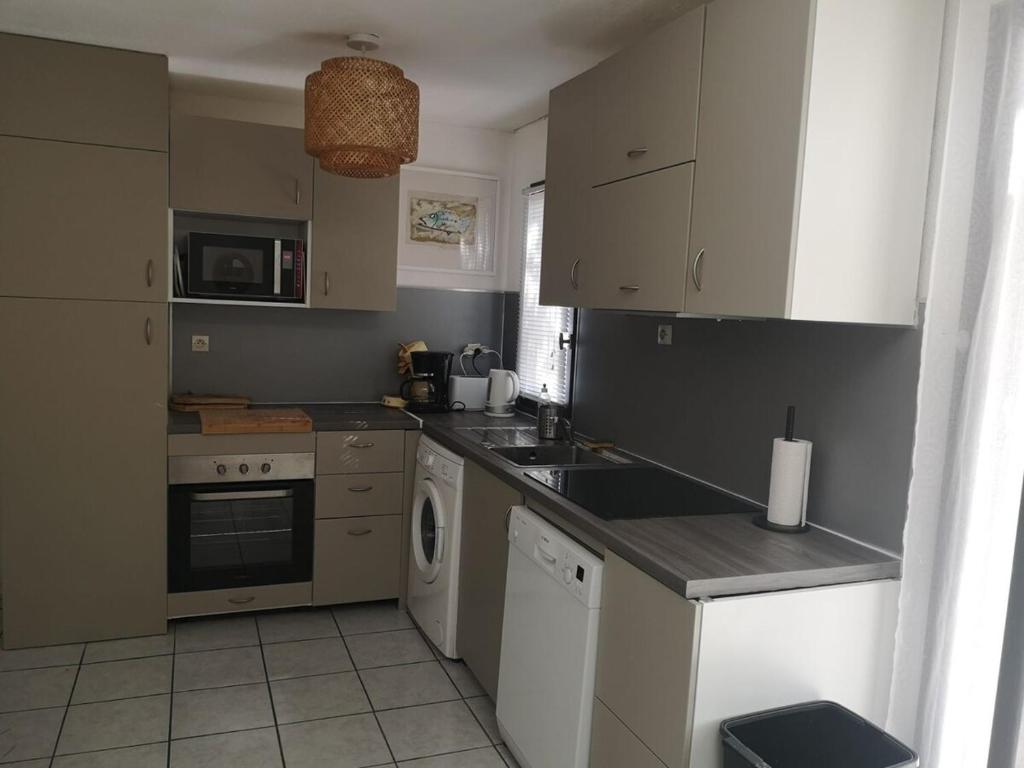 une cuisine avec un évier et un lave-vaisselle dans l'établissement Maison avec jardin clos dans residence, à Gruissan
