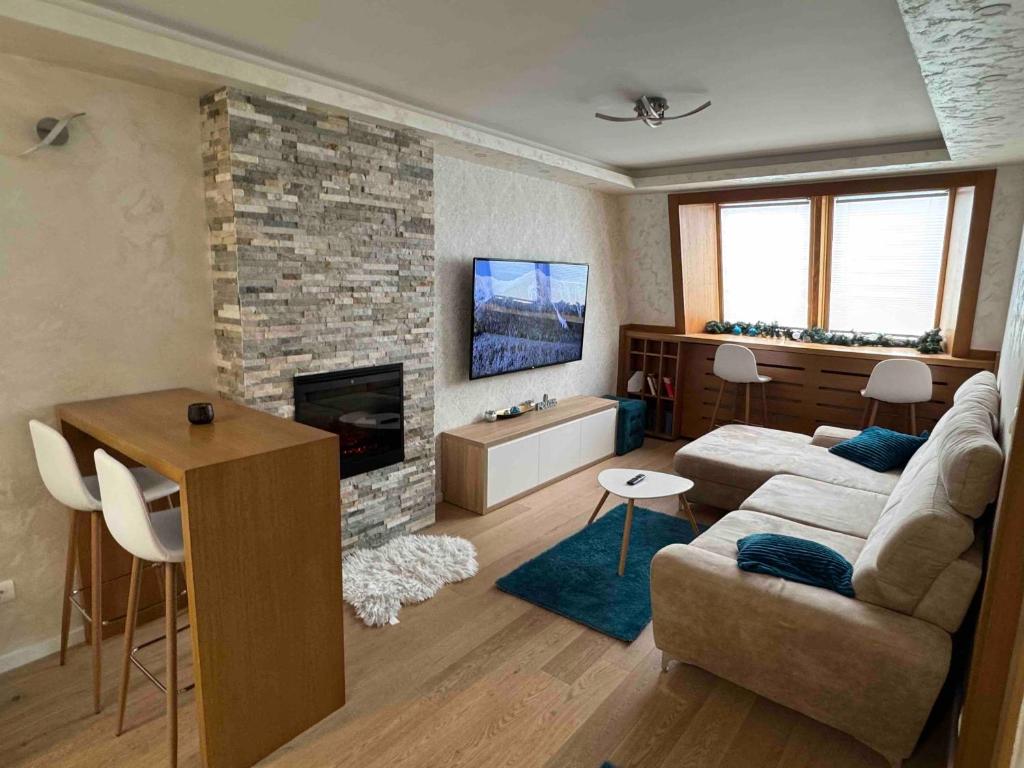 ヤホリナにあるBlue Winter Heavenのソファと暖炉のあるリビングルーム