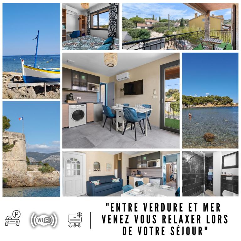 un collage de photos d'une maison dans l'établissement Rêves bleus, T2 proche plage des sablettes, Clim, Wifi, Place de parking, à La Seyne-sur-Mer