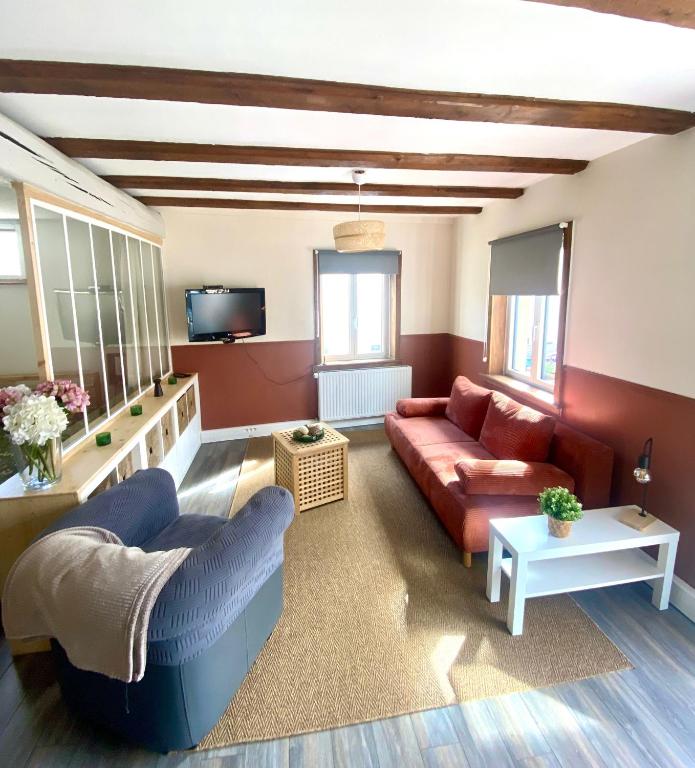 un salon avec un canapé et une table dans l'établissement Calme et cosy - village viticole - route du vin, à Traenheim