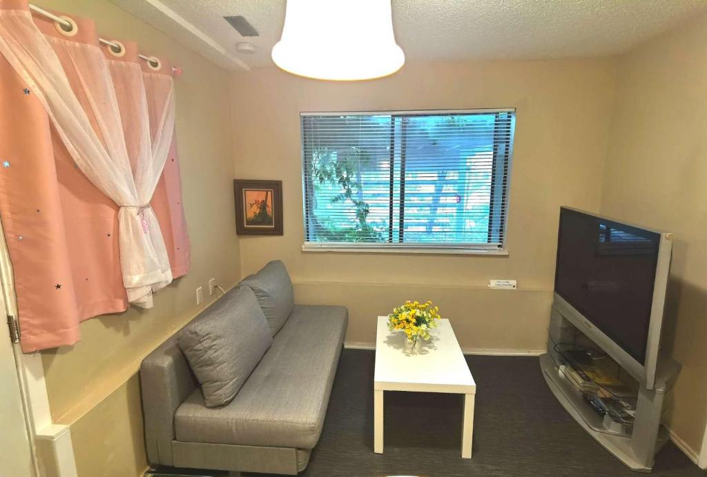 a living room with a couch and a television at Love Capilano in North Vancouver