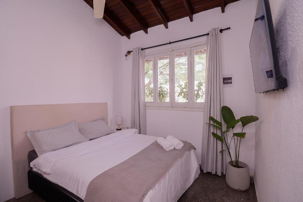 Habitación blanca con cama y ventana en Habitación céntrica con desayuno y baño privado, en Asunción