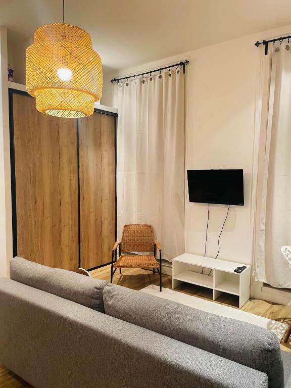 un salon avec un canapé et une télévision dans l'établissement Le Cocon Lyonnais, à Lyon