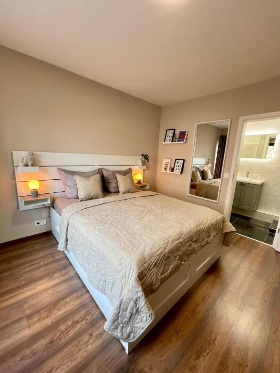 Hotel Hannover Messe Apartment, a bedroom with a large bed and a large mirror at Hannover Messe Apartment in Hannover