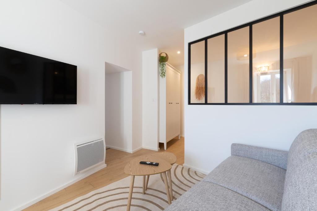 un salon avec un canapé et une télévision dans l'établissement Sept îles - studio - centre-ville - TV, à Vannes