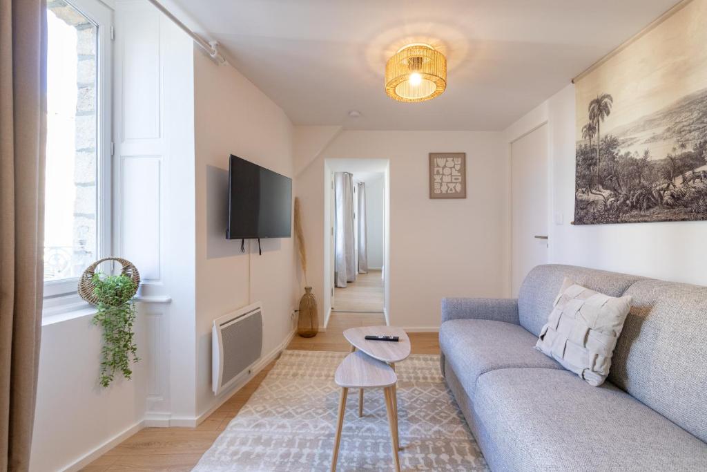 un salon avec un canapé et une télévision dans l'établissement Belle île en mer - centre-ville - T2 - Wifi, à Vannes