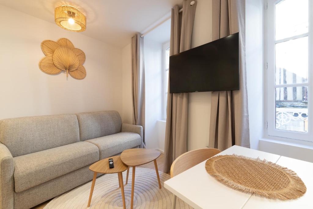 un salon avec un canapé et une table dans l'établissement Île aux moines - T2 - centre ville - wifi, à Vannes