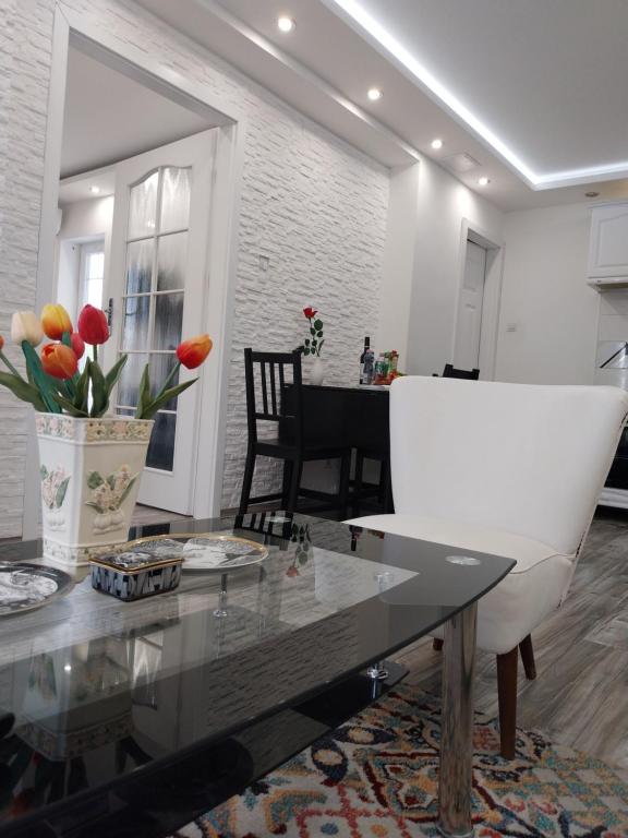 salon ze szklanym stołem i krzesłami w obiekcie Rozinka apartman w mieście Dunaújváros
