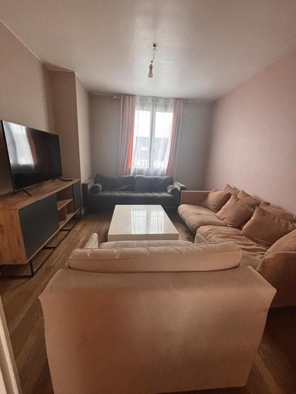 un salon avec un canapé et une télévision dans l'établissement Maison cosy proche gare SNCF 2 chambres, à Saint-Pierre-des-Corps