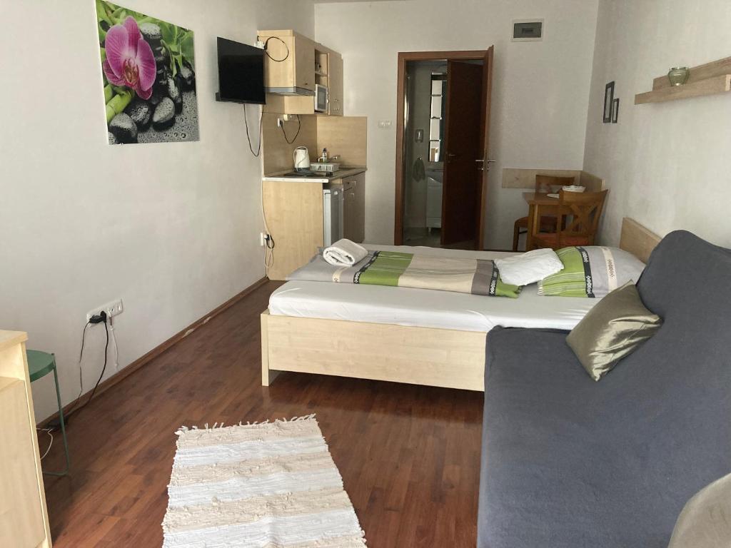 Una habitación con dos camas y un sofá. en StúdióN1, en Hajdúszoboszló