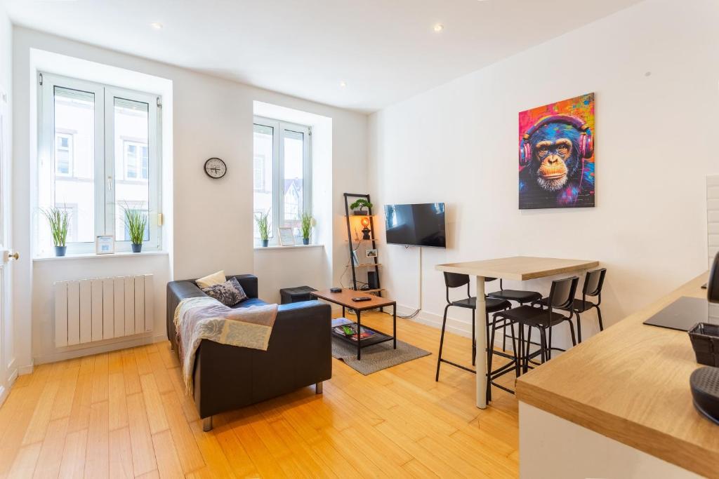un salon avec un canapé et une table dans l'établissement L'Élégant - Charmant appartement 3 pièces proche Musée d'Art Moderne et Gare Centrale, à Strasbourg