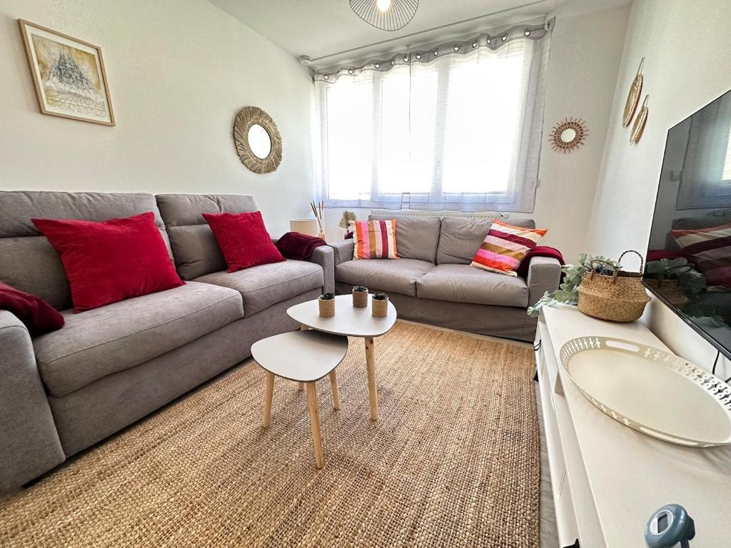 a living room with a couch and a table at Les 3 Piliers grand T2 confortable avec parking in Reims
