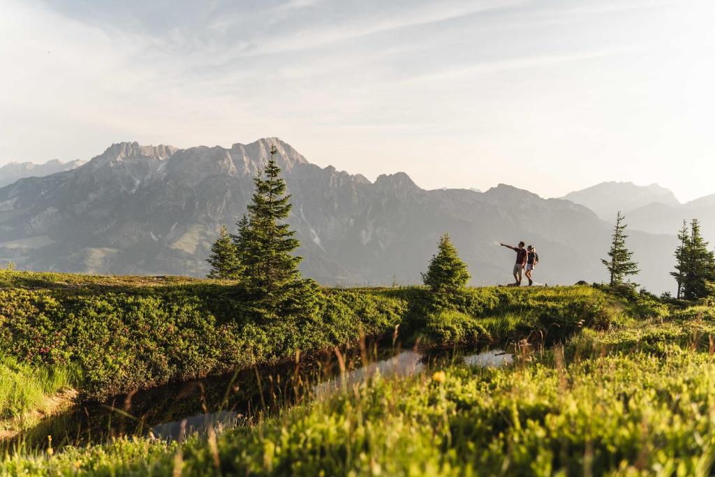 a man standing on top of a hill with a mountain at Hotel Der Löwe LEBE FREI in Leogang