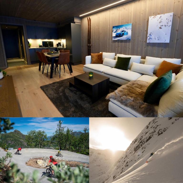a living room with a couch and a table at Ski in & out - Hemsedal in Kyrkjebøen